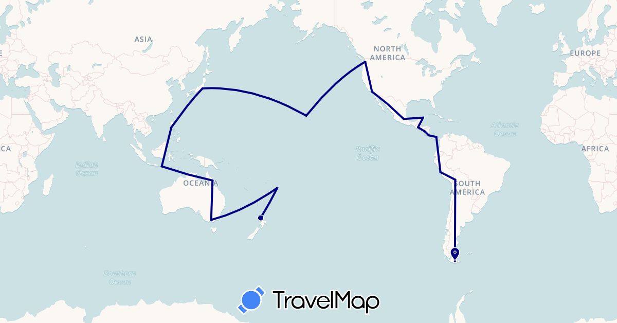 TravelMap itinerary: driving in Argentina, Australia, Bolivia, Costa Rica, Guatemala, Indonesia, Japan, Mexico, Nicaragua, New Zealand, Panama, Peru, Philippines, Tonga, United States (Asia, North America, Oceania, South America)